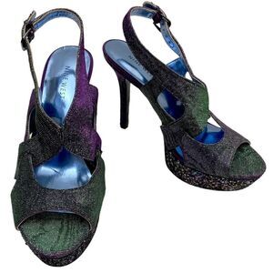 Nine West Fontia Platform Sandal 6.5 Purple Green Silver Sparkle